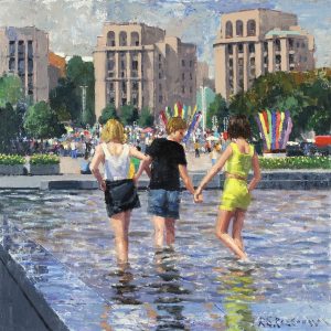 three girls in a fountain 50x50cm