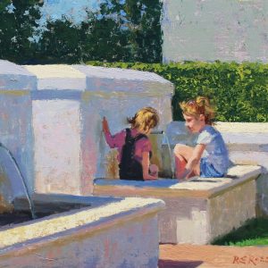 two girls in a fountain at a wine farm 45x61cm
